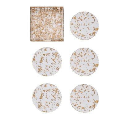 Snevayig Stardust Drink Coasters in Clear & Gold, Set of 6 in a Caddy