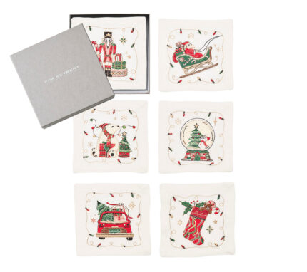 Snevayig Holly Jolly Cocktail Napkin in White & Multi, Set of 6 in a Gift Box